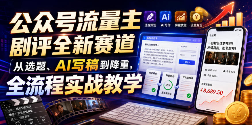 公众号流量主剧评全新赛道，从选题、AI写稿到降重，全流程实战教学-稀缺资源库