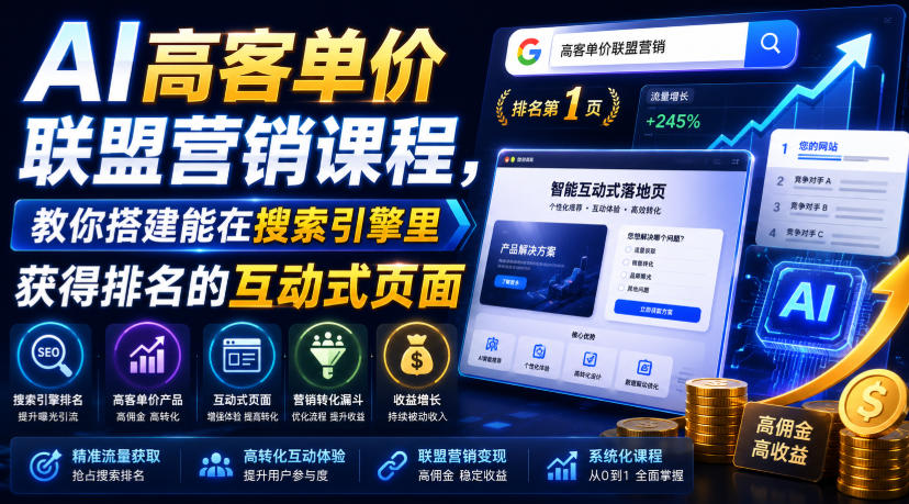 AI高客单价联盟营销课程，教你搭建能在搜索引擎里获得排名的互动式页面，引来流量，把访客转化为高佣金的成交【原创双语字幕】-稀缺资源库