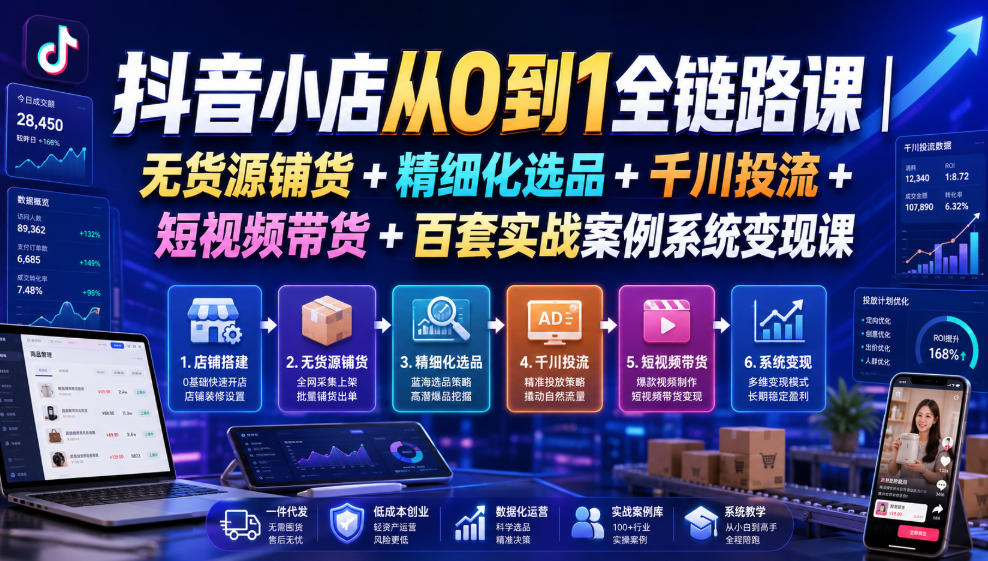 抖音小店从0到1全链路课｜无货源铺货+精细化选品+千川投流+短视频带货+百套实战案例系统变现课（2026年7月更新）-稀缺资源库