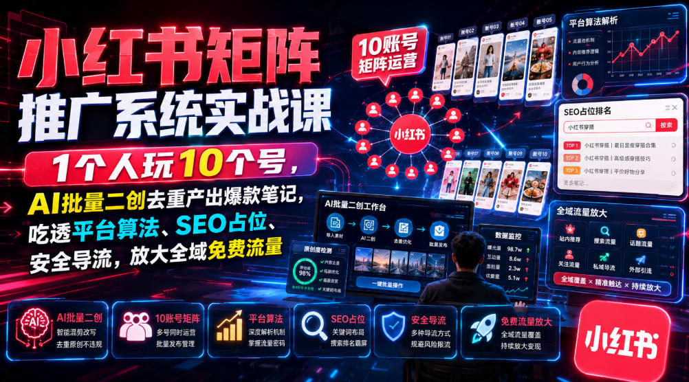 小红书矩阵推广系统实战课｜1个人玩10个号，AI批量二创去重产出爆款笔记，吃透平台算法、SEO占位、安全导流，放大全域免费流量-稀缺资源库