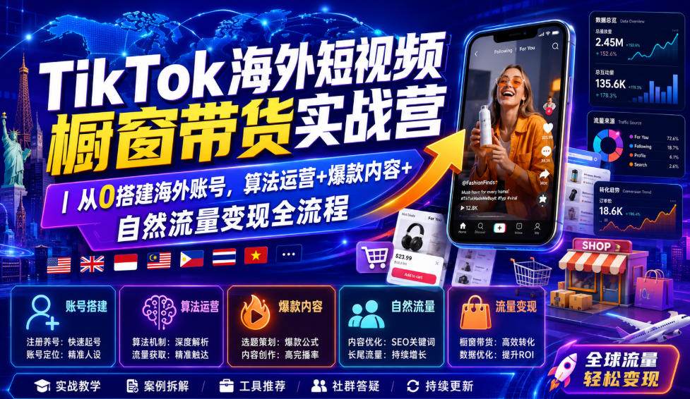 TikTok海外短视频橱窗带货实战营｜从0搭建海外账号，算法运营+爆款内容+自然流量变现全流程-稀缺资源库