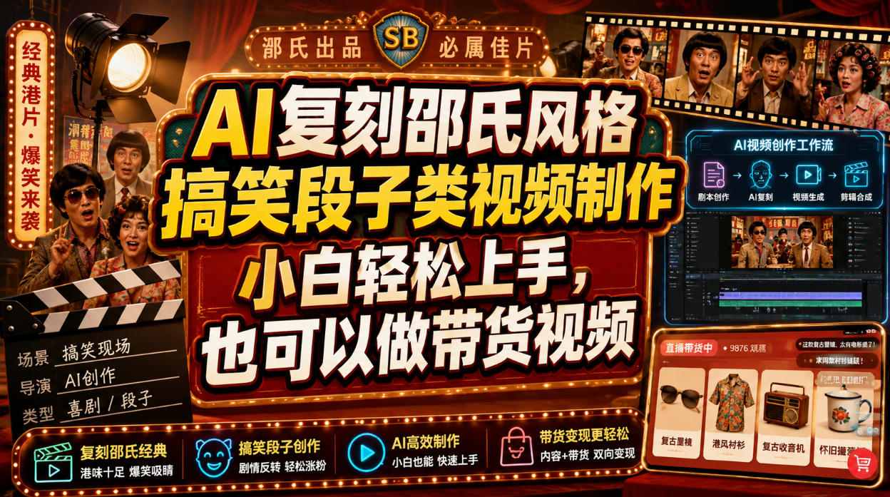 AI复刻邵氏风格搞笑段子类视频制作，小白轻松上手，也可以做带货视频-稀缺资源库