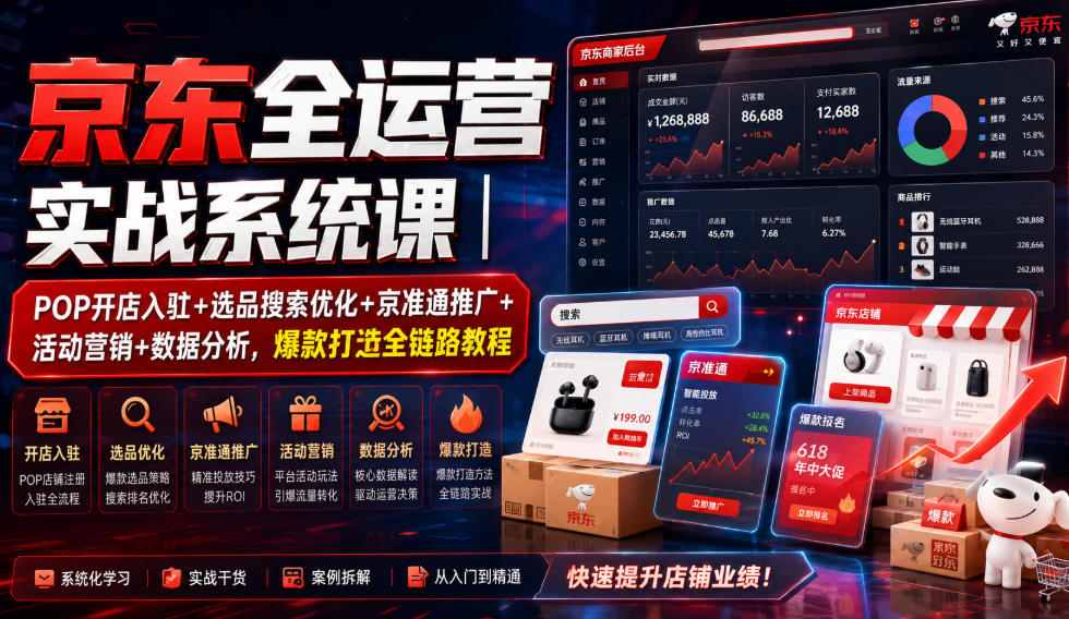 京东全运营实战系统课｜POP开店入驻+选品搜索优化+京准通推广+活动营销+数据分析，爆款打造全链路教程-稀缺资源库