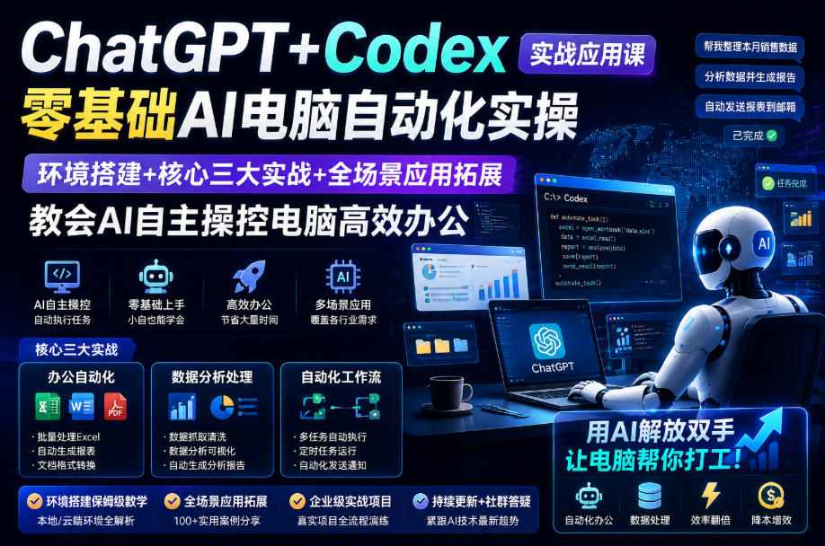 ChatGPT+Codex实战应用课｜零基础AI电脑自动化实操，环境搭建+核心三大实战+全场景应用拓展，教会AI自主操控电脑高效办公-稀缺资源库