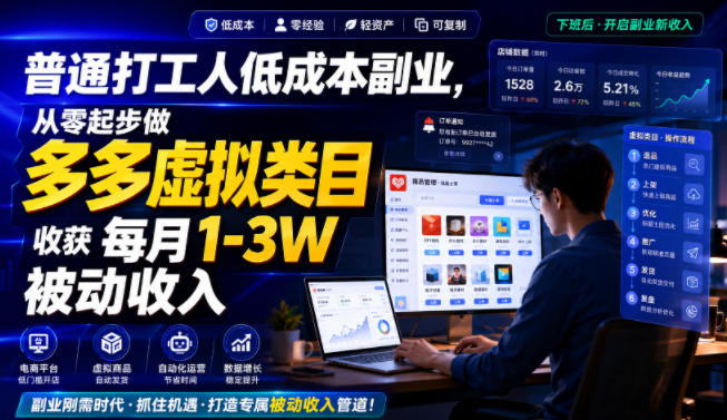 普通打工人低成本副业，从零起步做多多虚拟类目，收获每月1-3W被动收入【揭秘】-稀缺资源库