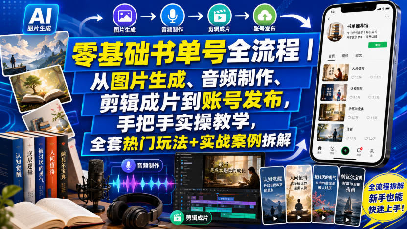 零基础书单号全流程｜从图片生成、音频制作、剪辑成片到账号发布，手把手实操教学，全套热门玩法+实战案例拆解-稀缺资源库
