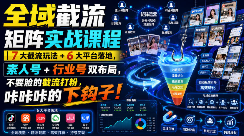 全域截流矩阵实战课程｜7大截流玩法+6大平台落地，素人号+行业号双布局，不要脸的截流打粉，咔咔咔的下钩子！-稀缺资源库
