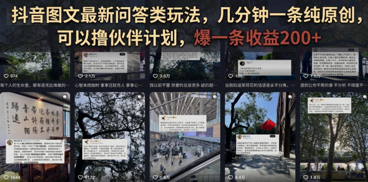 抖音图文最新问答类玩法，几分钟一条纯原创，可以撸伙伴计划，爆一条收益200+-稀缺资源库