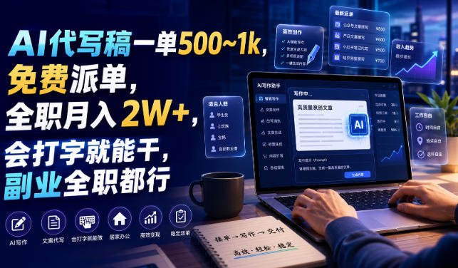 AI代写稿一单500~1k，免费派单，全职月入2W+，会打字就能干，副业全职都行【揭秘】-稀缺资源库