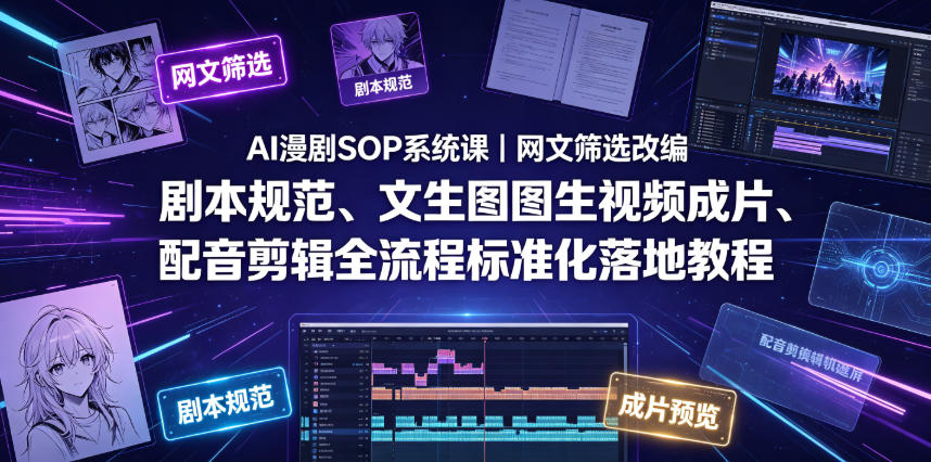 AI漫剧SOP系统课｜网文筛选改编、剧本规范、文生图图生视频成片、配音剪辑全流程标准化落地教程-稀缺资源库