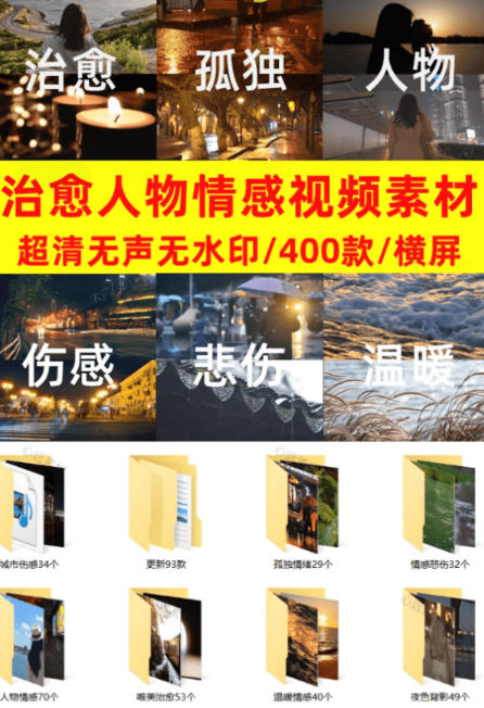 爆款短视频常用视频素材！抖音治愈伤感人物情感视频素材，400款合集，无声无水印，视频感氛围拉满-稀缺资源库