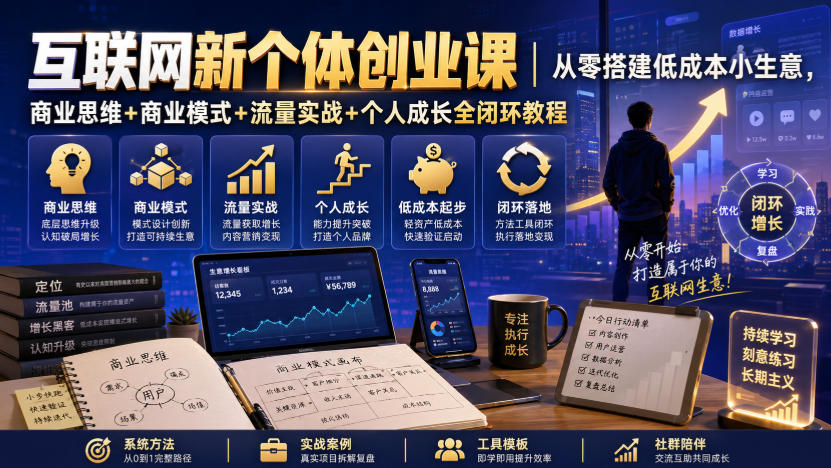 互联网新个体创业课｜从零搭建低成本小生意，商业思维+商业模式+流量实战+个人成长全闭环教程-稀缺资源库