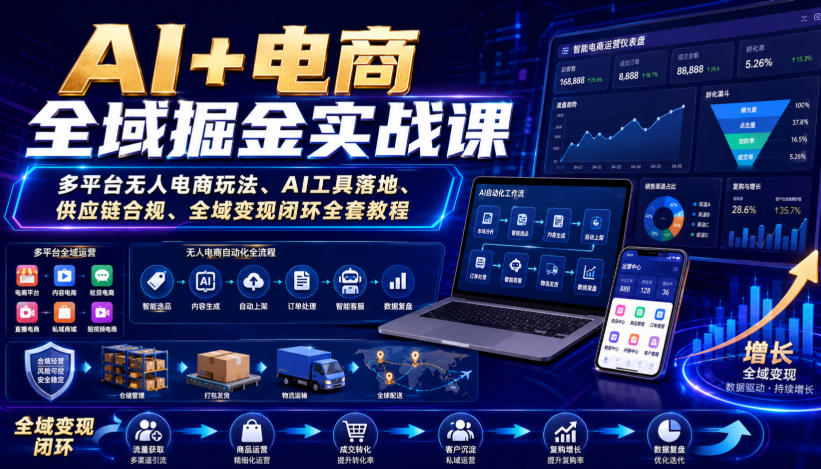 AI+电商全域掘金实战课｜多平台无人电商玩法、AI工具落地、供应链合规、全域变现闭环全套教程-稀缺资源库