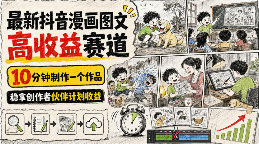 最新抖音漫画图文高收益赛道，10分钟制作一个作品，稳拿创作者伙伴计划收益-稀缺资源库