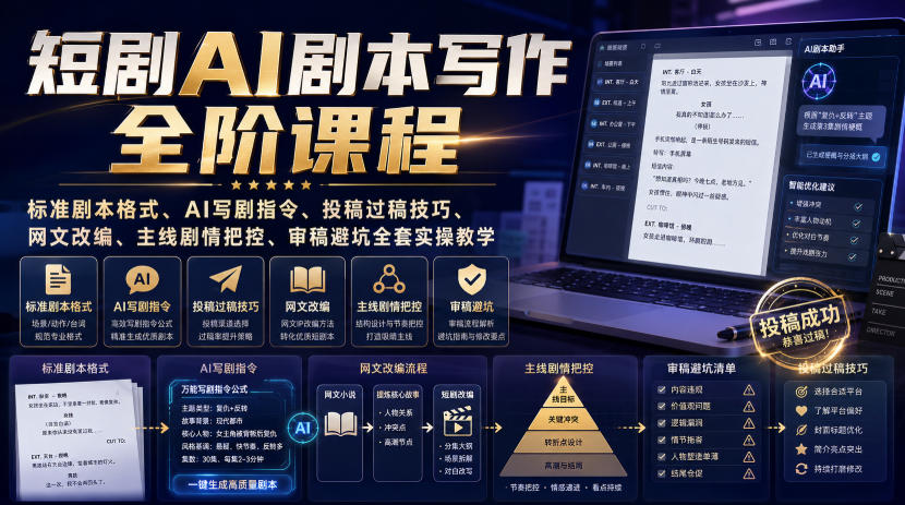 短剧AI剧本写作全阶课程｜标准剧本格式、AI写剧指令、投稿过稿技巧、网文改编、主线剧情把控、审稿避坑全套实操教学-稀缺资源库