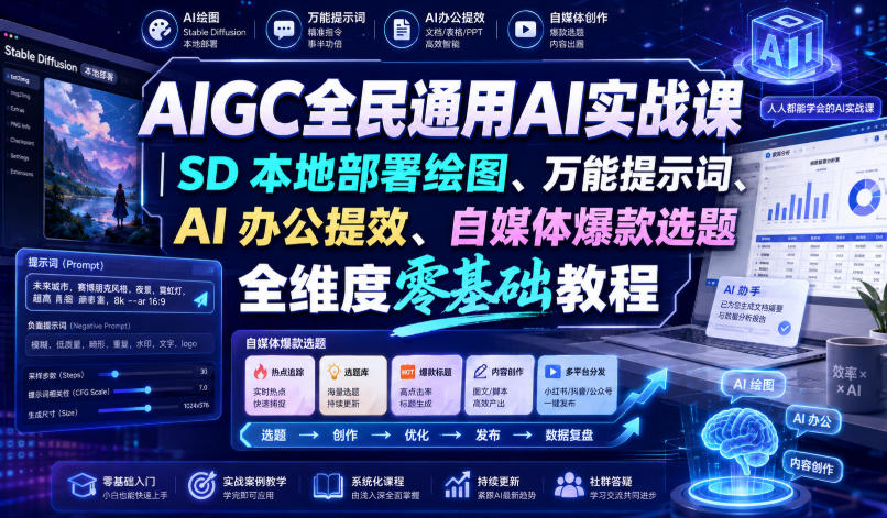 AIGC全民通用AI实战课｜SD本地部署绘图、万能提示词、AI办公提效、自媒体爆款选题全维度零基础教程-稀缺资源库