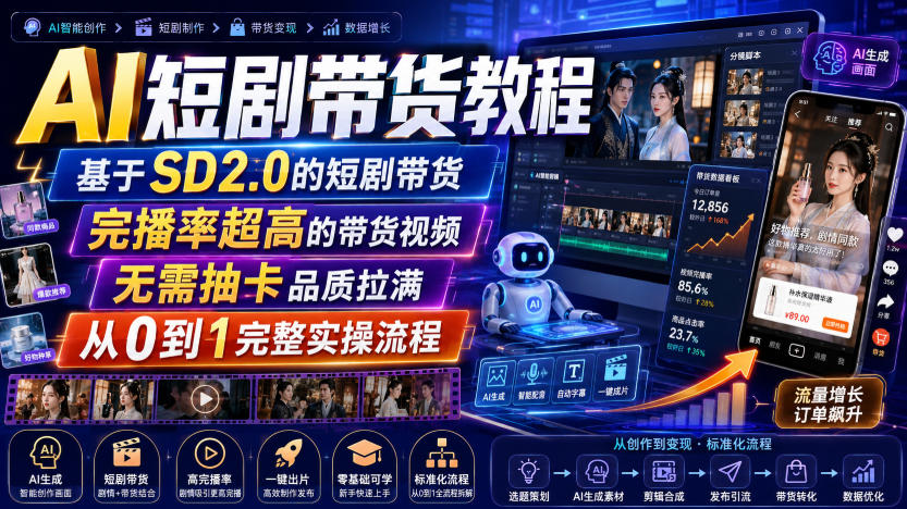 AI短剧带货教程，基于SD2.0的短剧带货，完播率超高的带货视频，无需抽卡品质拉满，从0到1完整实操流程-稀缺资源库