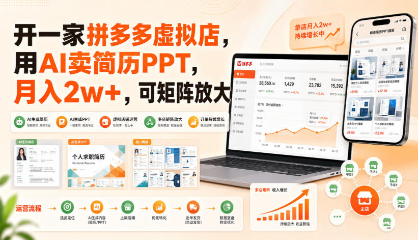 开一家拼多多虚拟店,用AI卖简历PPT,月入2w+,可矩阵放大【揭秘】