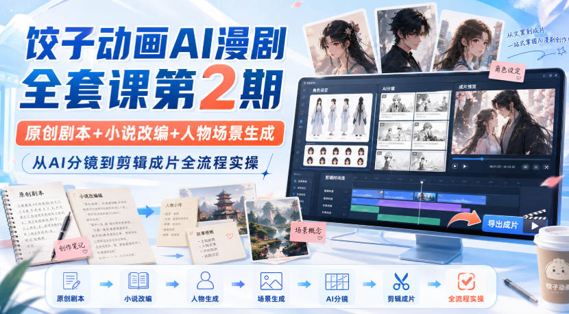 饺子动画AI漫剧全套课第2期:原创剧本+小说改编+人物场景生成,从AI分镜到剪辑成片全流程实操