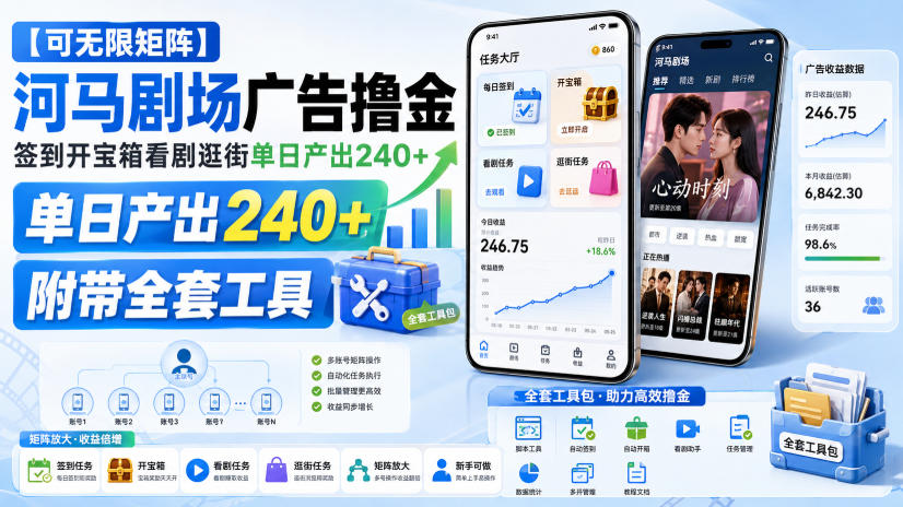 【可无限矩阵】河马剧场广告撸金，签到开宝箱看剧逛街单日产出240+，附带全套工具【揭秘】-稀缺资源库
