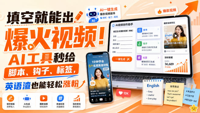 填空就能出爆火视频！AI工具秒给脚本、钩子、标签，英语渣也能轻松涨粉【原创双语字幕】-稀缺资源库