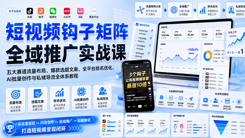 短视频钩子矩阵全域推广实战课｜五大赛道流量布局、爆款选题文案、全平台排名优化、AI批量创作与私域导流全体系教程-稀缺资源库