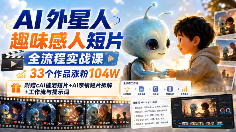 AI外星人趣味感人短片全流程实战课，33个作品涨粉104W，附赠AI催泪短片+AI亲情短片拆解+工作流与提示词-稀缺资源库