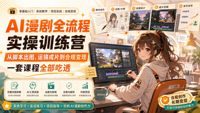 AI漫剧全流程实操训练营，从脚本出图、运镜成片到合规变现，一套课程全部吃透-稀缺资源库