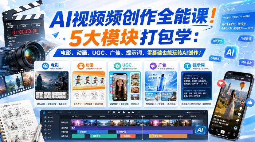 AI视频频创作全能课！5大模块打包学：电影、动画、UGC、广告、提示词，零基础也能玩转AI创作！【原创双语字幕】-稀缺资源库