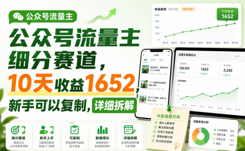 公众号流量主细分赛道，10天收益1652，新手可以复制，详细拆解-稀缺资源库