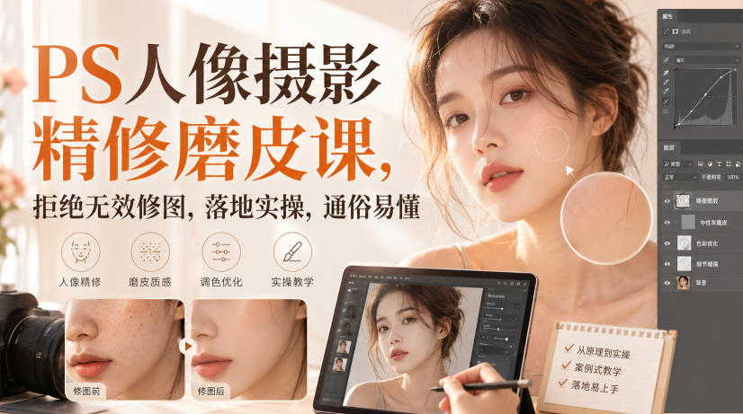 PS人像摄影精修磨皮课，拒绝无效修图，落地实操，通俗易懂-稀缺资源库