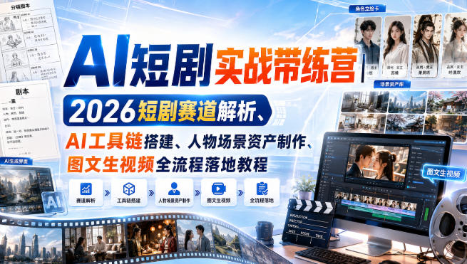 AI短剧实战带练营｜2026短剧赛道解析、AI工具链搭建、人物场景资产制作、图文生视频全流程落地教程-稀缺资源库