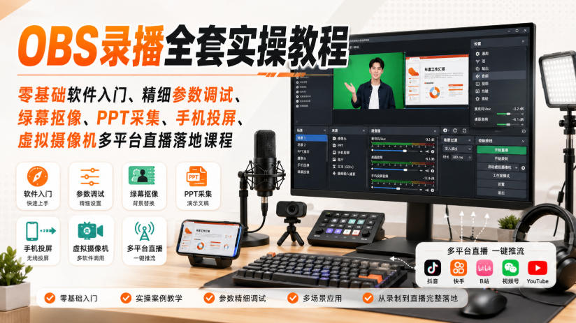 OBS录播全套实操教程｜零基础软件入门、精细参数调试、绿幕抠像、手机投屏、虚拟摄像机多平台直播落地课程-稀缺资源库