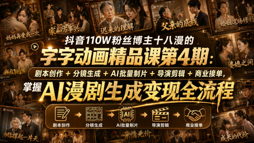 抖音110W粉丝博主十八漫的字字动画精品课第4期：剧本创作+分镜生成+剪辑+商业接单，掌握AI漫剧生成变现全流程-稀缺资源库