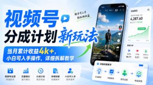 视频号分成计划新玩法，当月累计收益4k+，小白可入手操作，详细拆解教学-稀缺资源库