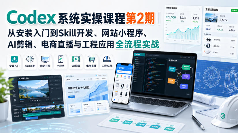 Codex系统实操课程第2期｜从安装入门到Skill开发、网站小程序、AI剪辑、电商直播与工程应用全流程实战-稀缺资源库