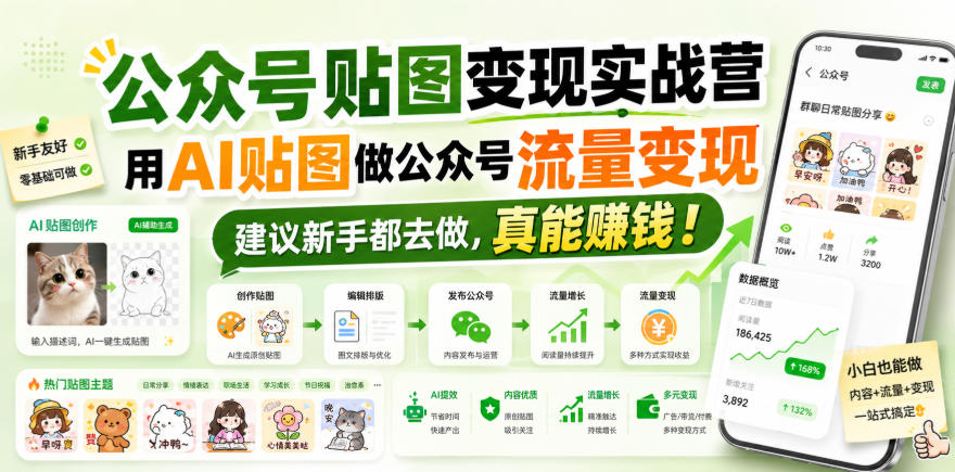 公众号贴图变现实战营，用AI贴图做公众号流量变现，建议新手都去做，真能賺钱！-稀缺资源库