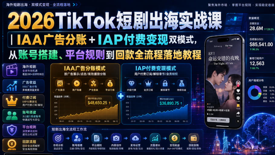 2026TikTok短剧出海实战课｜IAA广告分账+IAP付费变现双模式，从账号搭建、平台规则到回款全流程落地教程-稀缺资源库