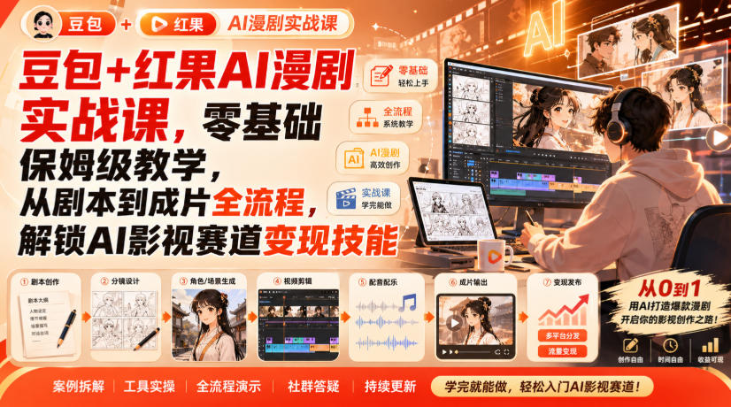 豆包+红果AI漫剧实战课，零基础保姆级教学，从剧本到成片全流程，解锁AI影视赛道变现技能-稀缺资源库
