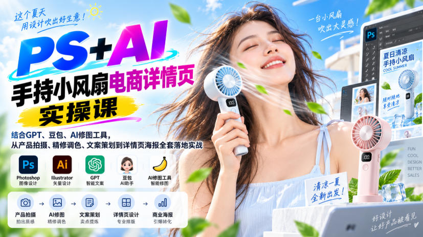 PS+AI手持小风扇电商详情页实操课｜结合GPT、豆包、AI修图工具，从产品拍摄、精修调色、文案策划到详情页海报全套落地实战-稀缺资源库