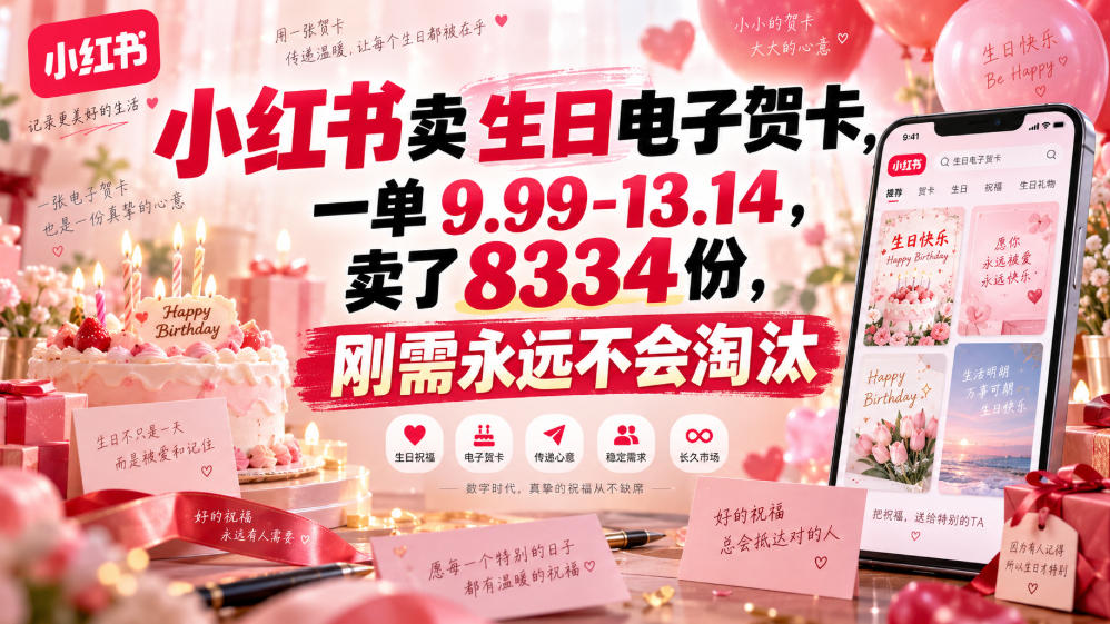 小红书卖生日电子贺卡，一单9.99-13.14，卖了8334份，刚需永远不会淘汰-稀缺资源库