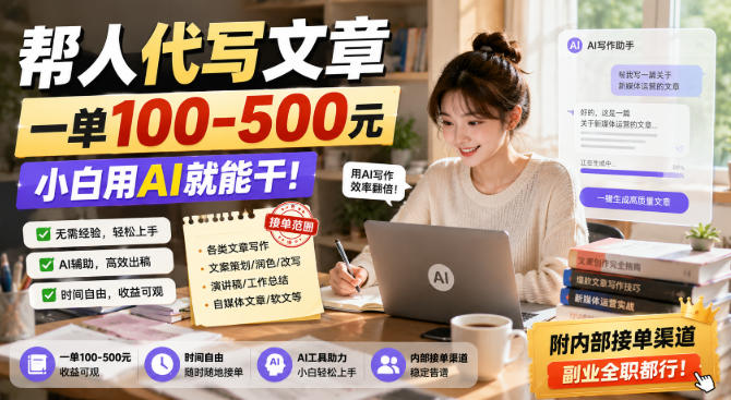 帮人代写文章，一单100-500，小白用AI就能干，附内部接单渠道，副业全职都行【揭秘】-稀缺资源库