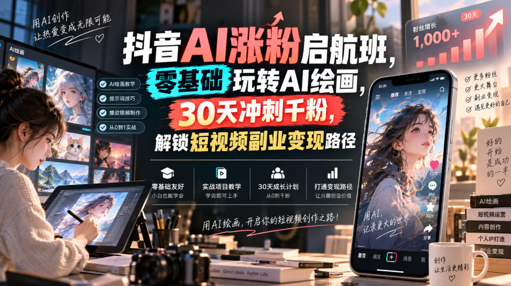 抖音AI涨粉启航班，零基础玩转AI绘画，30天冲刺千粉，解锁短视频副业变现路径-稀缺资源库