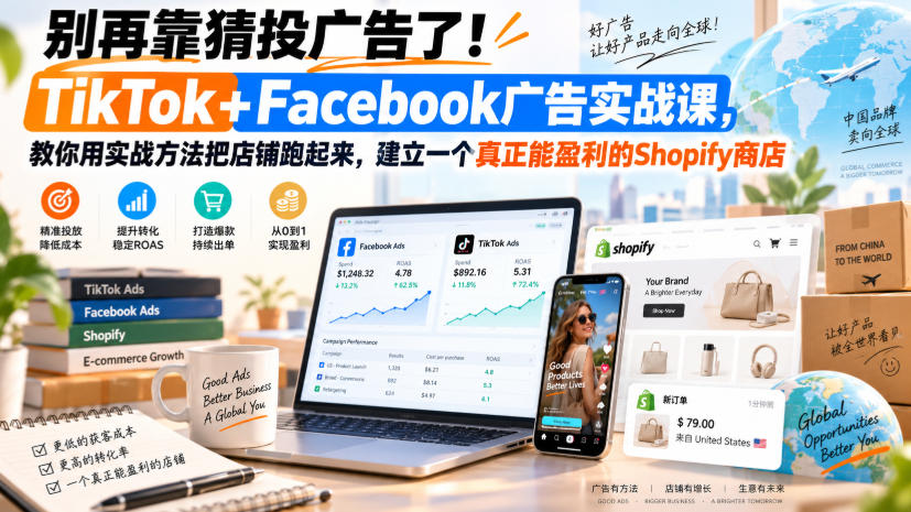 别再靠猜投广告了！TikTok+Facebook广告实战课，教你用实战方法把店铺跑起来，建立一个真正能盈利的Shopify商店【原创双语字幕】-稀缺资源库