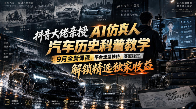 抖音大佬亲授AI仿真人汽车历史科普教学，9月全新课程，平台流量扶持，赛道稳定，解锁精选独家收益-稀缺资源库