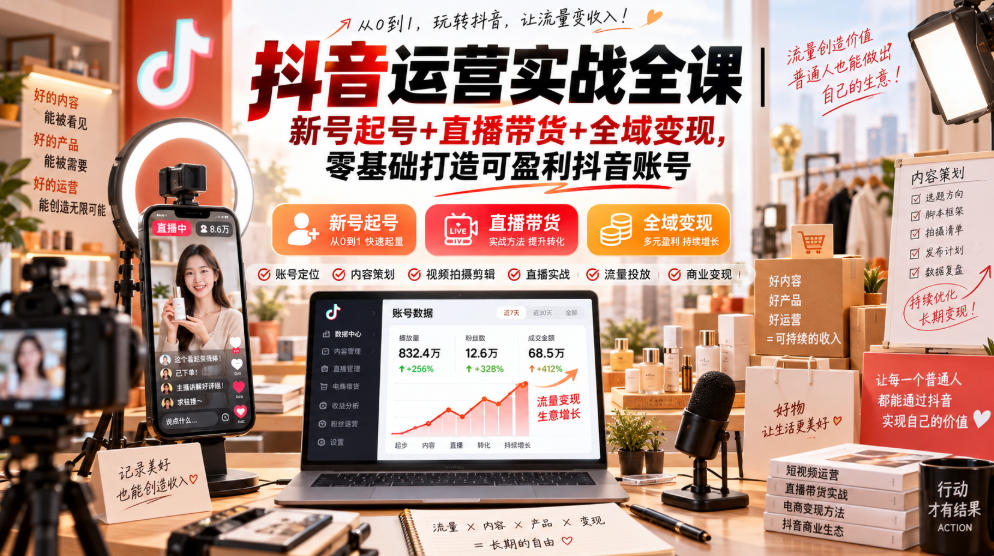 抖音运营实战全课｜新号起号+直播带货+全域变现，零基础打造可盈利抖音账号-稀缺资源库