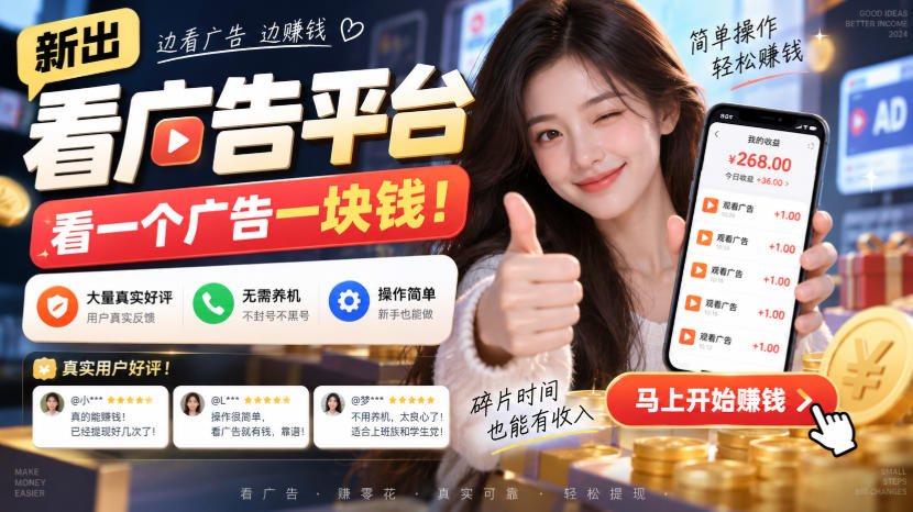 新出看广告平台，看一个广告一块钱，大量真实好评！无需养机、不会黑号，操作简单【揭秘】-稀缺资源库