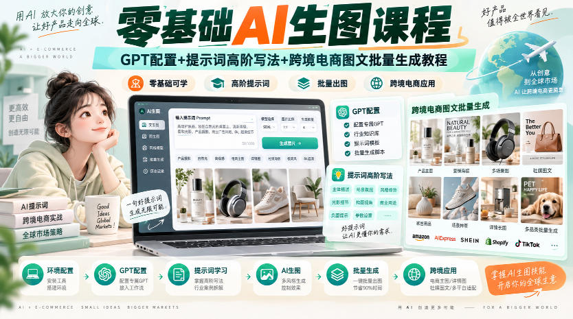零基础AI生图课程，GPT配置+提示词高阶写法+跨境电商图文批量生成教程-稀缺资源库