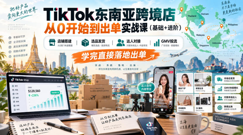 TikTok东南亚跨境店从0开始到出单实战课（基础+进阶），店铺搭建、选品发货、达人对接、GMV投流，学完直接落地出单-稀缺资源库