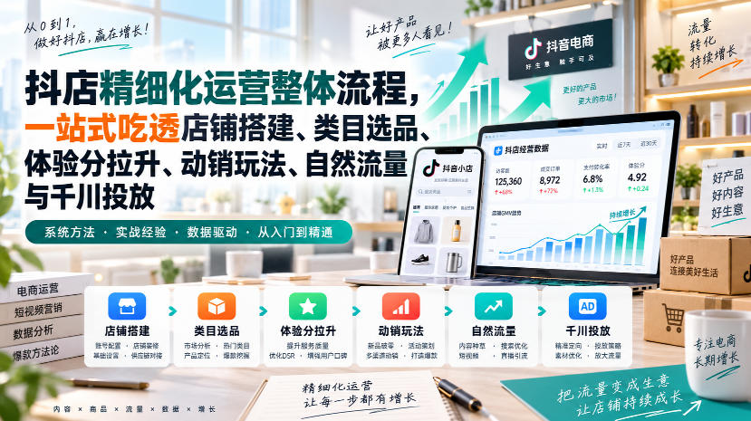 李哥电商-抖店精细化运营整体流程，一站式吃透店铺搭建、类目选品、体验分拉升、动销玩法、自然流量与千川投放-稀缺资源库
